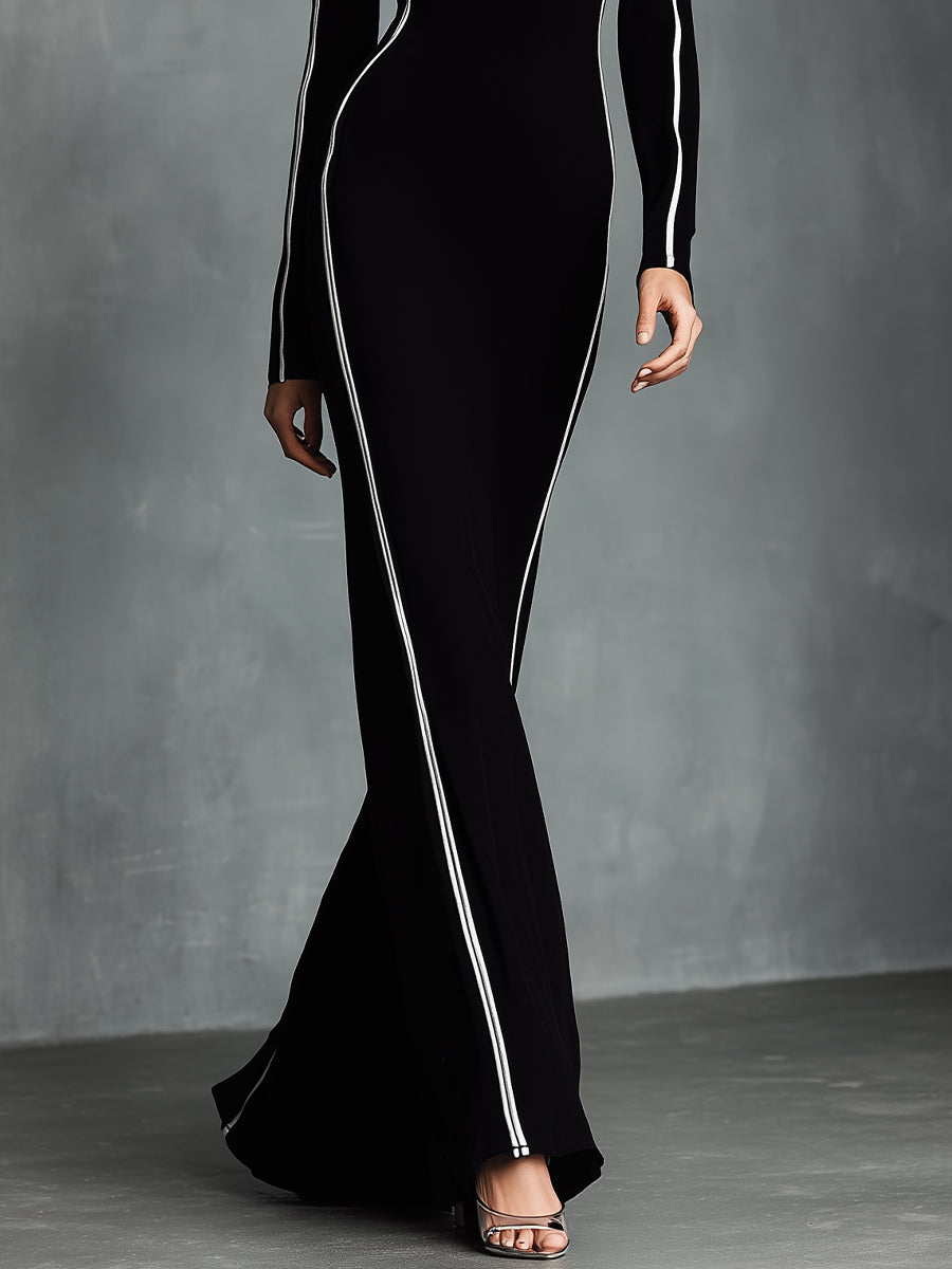 Women's Black Elegant Stretch - Knit Contrast - Piped Maxi Dress MDA2887H0I