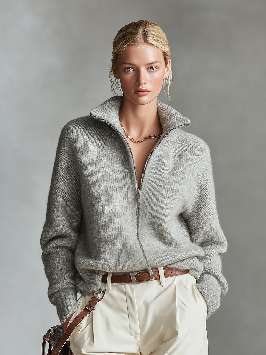 Women's Grey Elegant Knit Stand - Collar Zip - Up Sweater MDA2593I1I