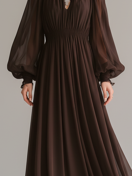 Women's Elegant Brown Chiffon Round Neck Long Sleeve Dress MDZ1256B1AN