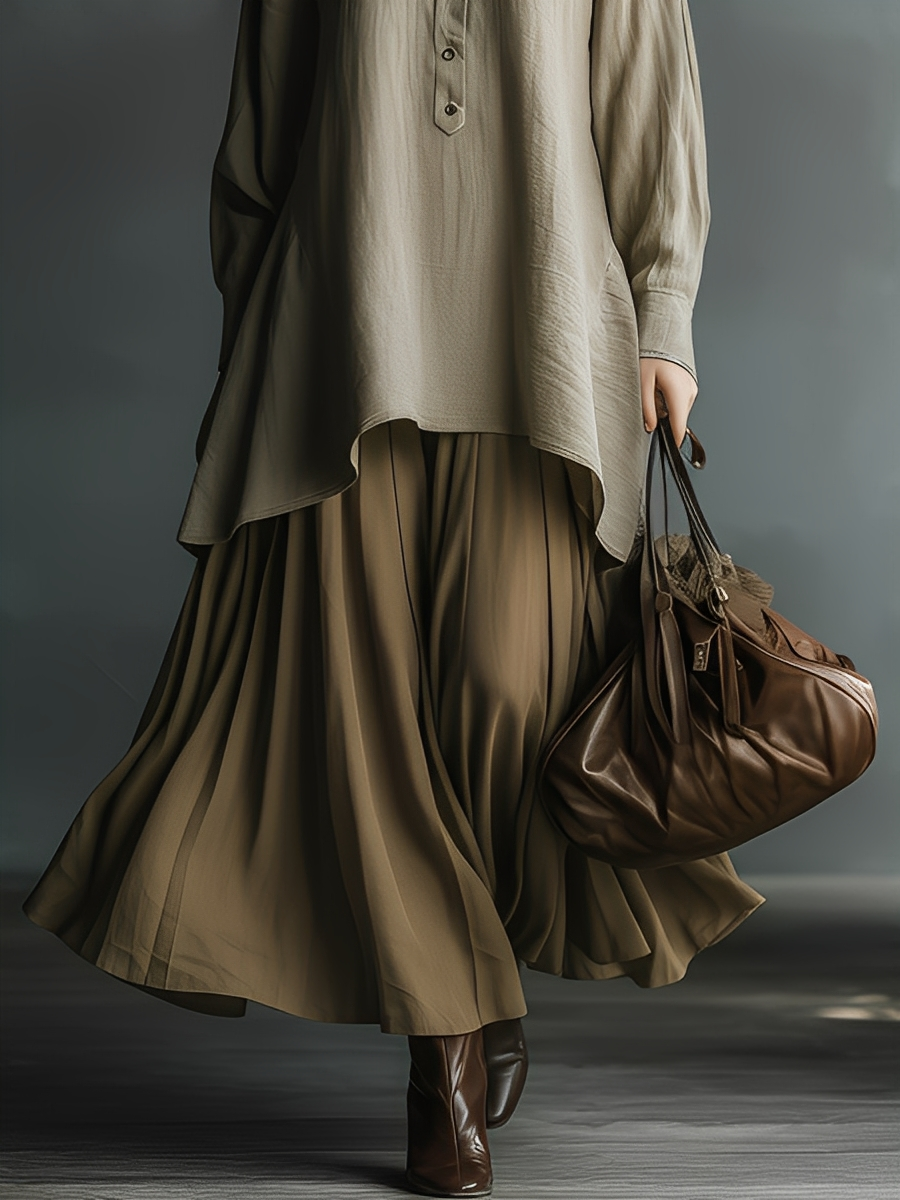Women's Khaki Cotton-linen Loose Top And Coffee-colored High-waisted Maxi Skirt Suit MDA2271K6T