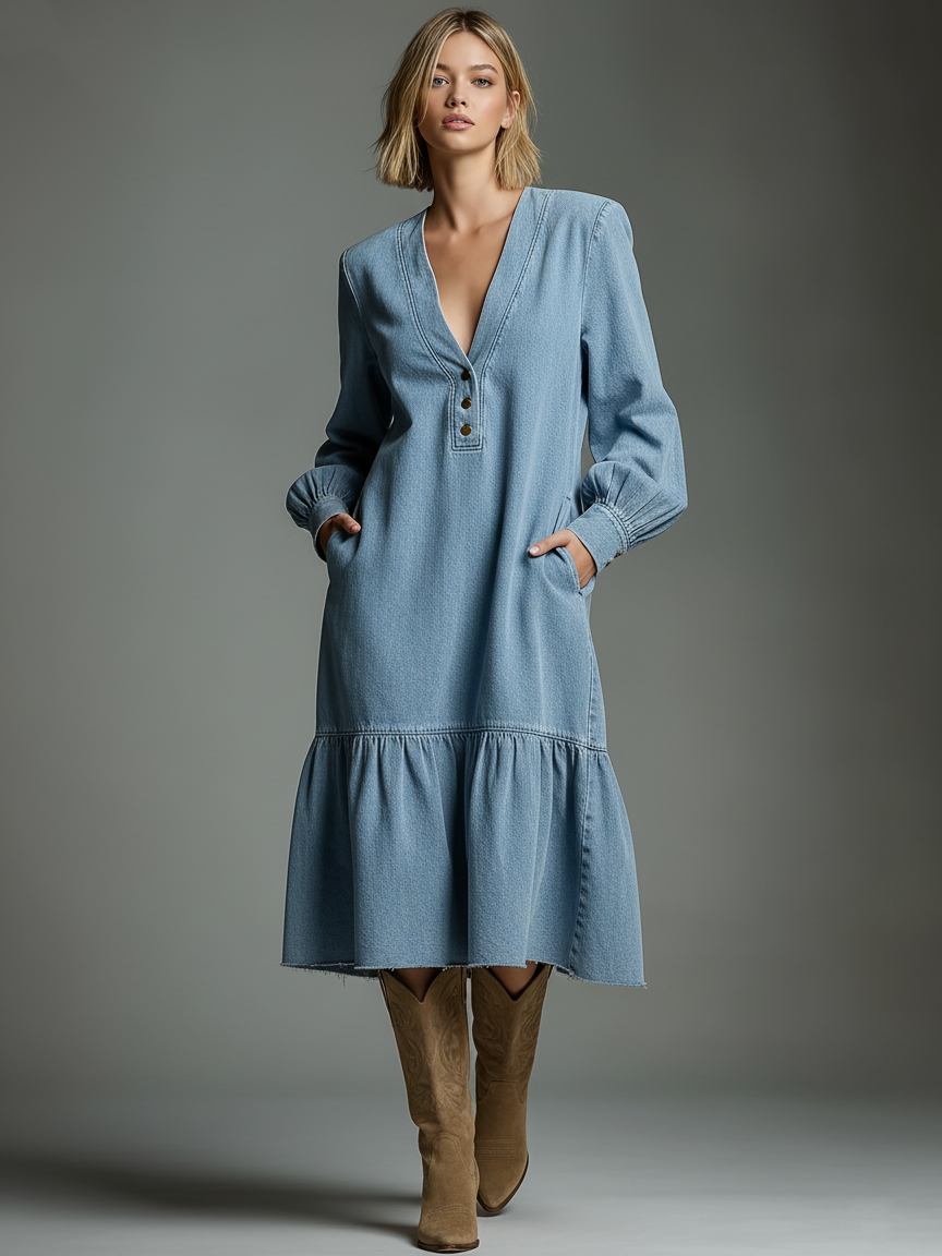 Women's Loose-fitting Washed Denim Button-down V-neck Long-sleeved Midi Dress MDA1430K6Y