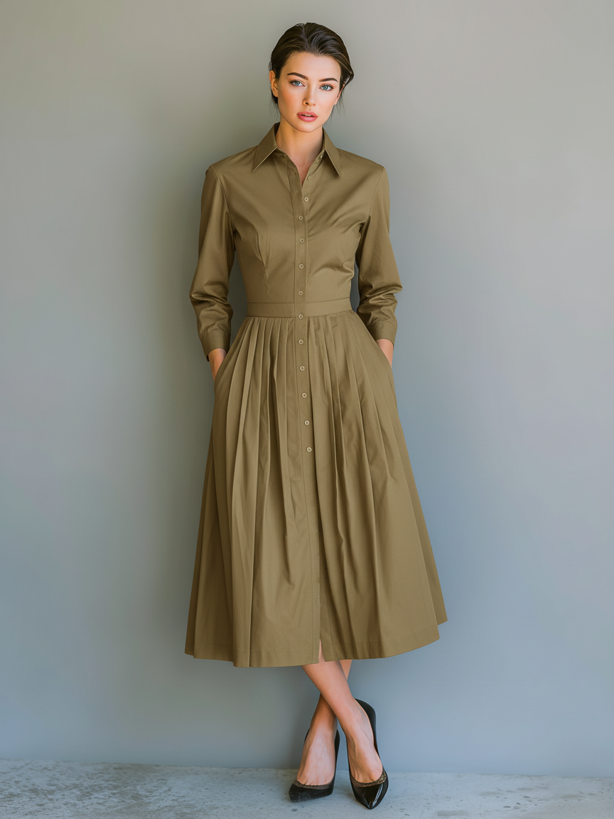 Women's Elegant Khaki Woven Long-sleeved Slim-fit Shirt Dress MDA2019L0AN