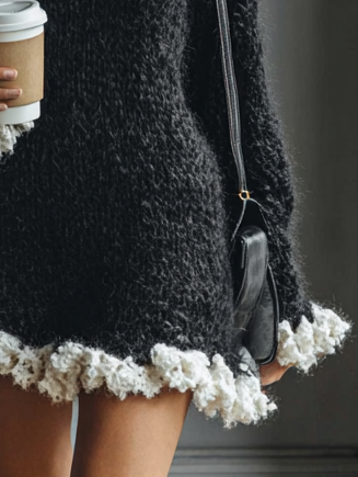Women's Knitted Black And White Ruffled Mini Dress MDA1638I1Y