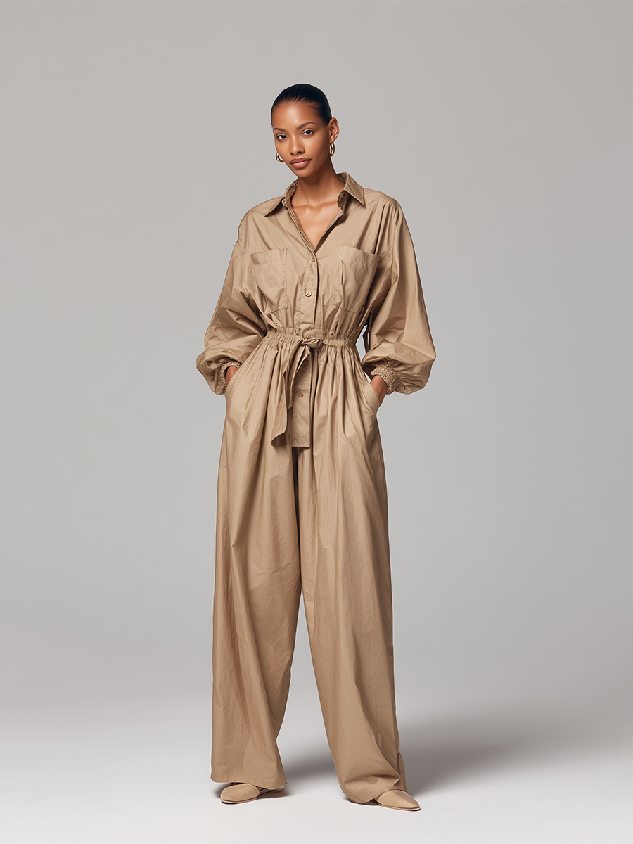 Women's Beige Crisp Cotton Elegant Jumpsuit With Shirt Collar & Tie-Waist, Sophisticated Casual Jumpsuit MDA0315K8I