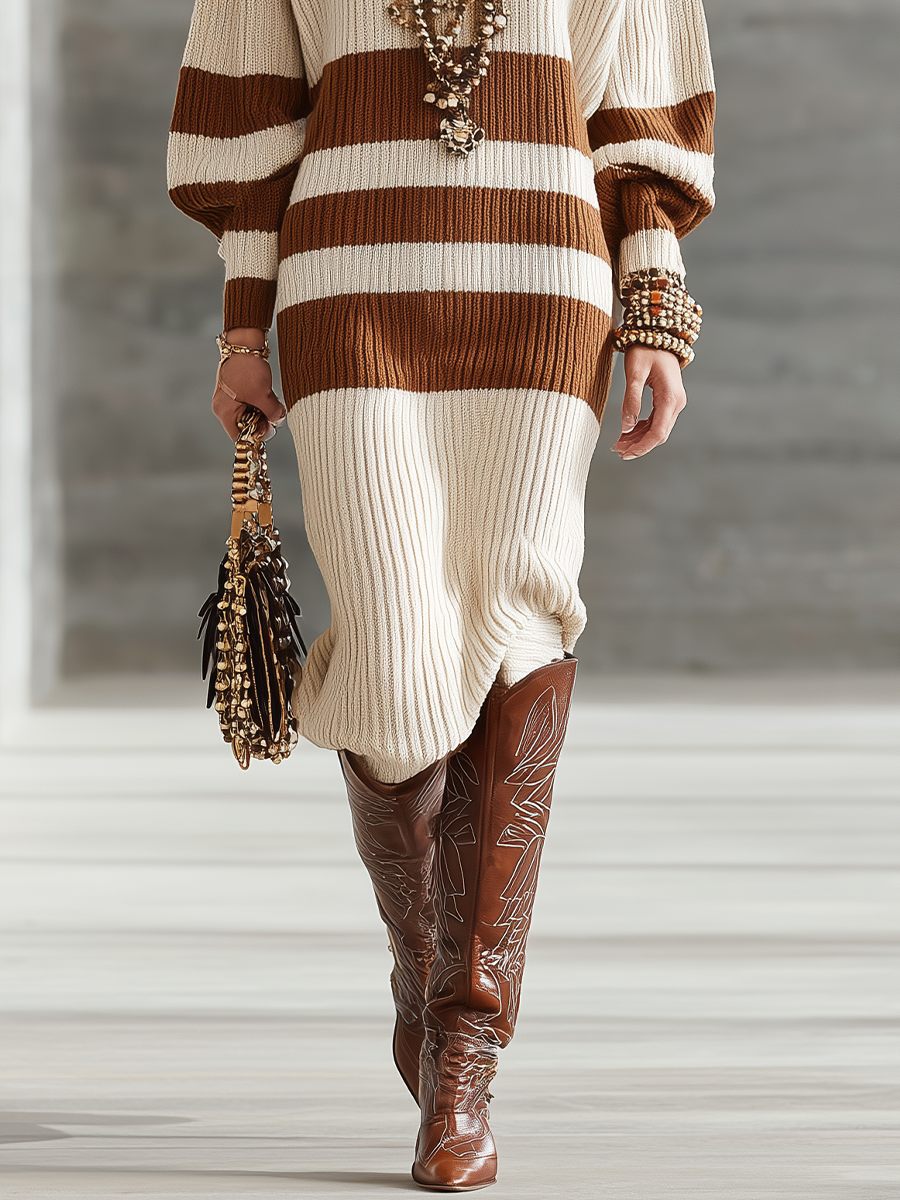 Women's Brown And Off-white Color-Blocked Ribbed Knit Puff Sleeve Midi Dress MDA3147J5T