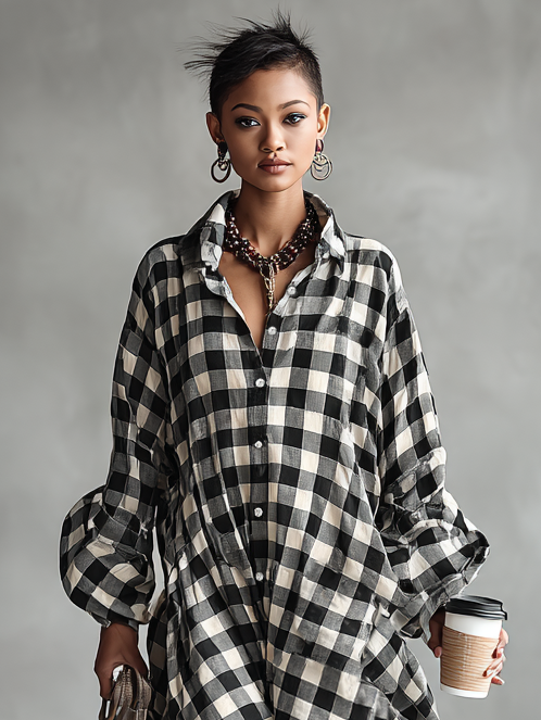 Women's Minimalist Loose Black And White Plaid Shirt Collar Long Sleeve Maxi Dress MDA1858I9Y
