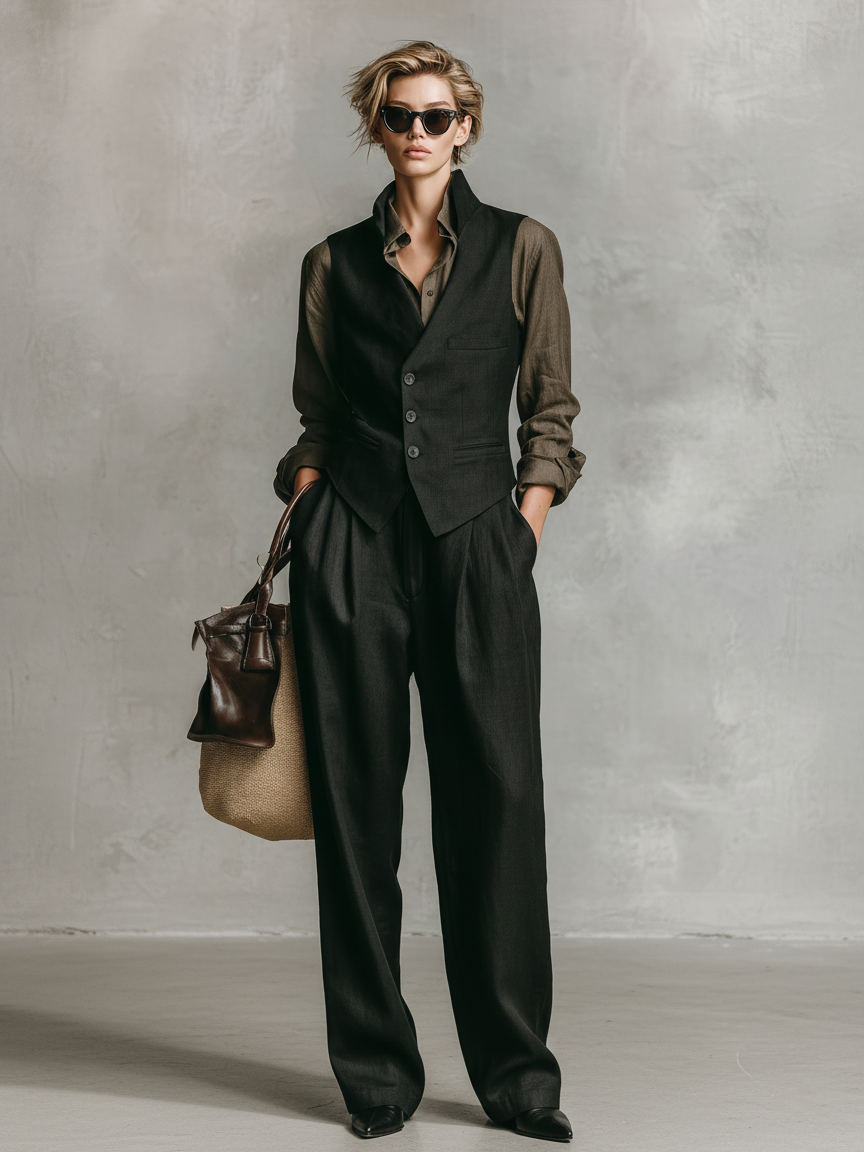 Women's Simple Single-breasted Vest And Straight-leg Trousers Set (shirt Not Included) MDA2696K7Y