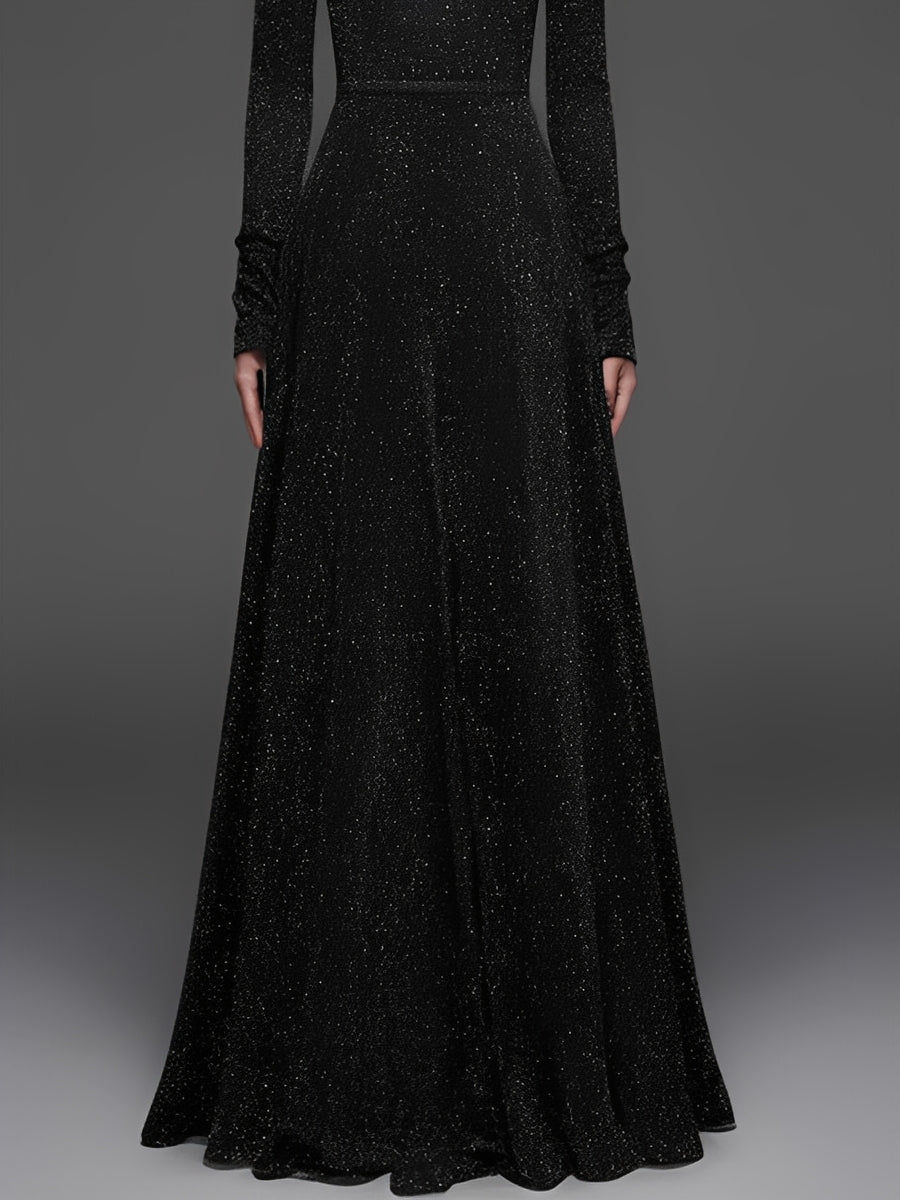 Women's Black Glittery Knit Elegant Maxi Dress With Turtleneck & Long Sleeves, Glamorous Evening Dress MDA3021J7I