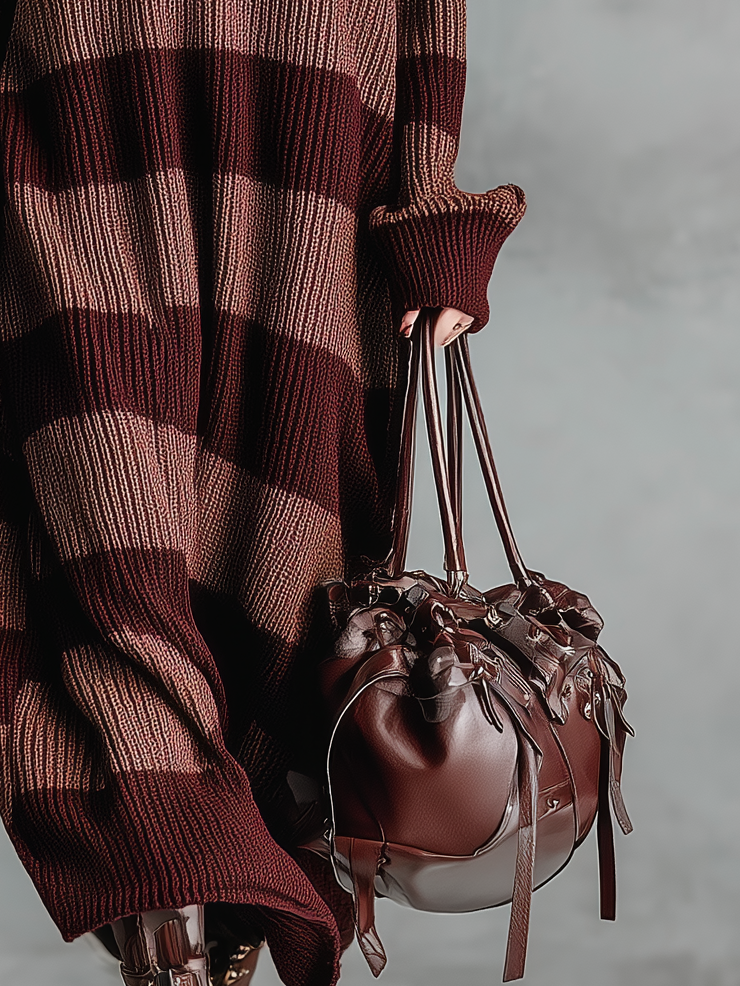 Women's Elegant And Stylish Deep Red And Pink Striped Lapel Long-sleeved Knit Dress MDA2757K3AN