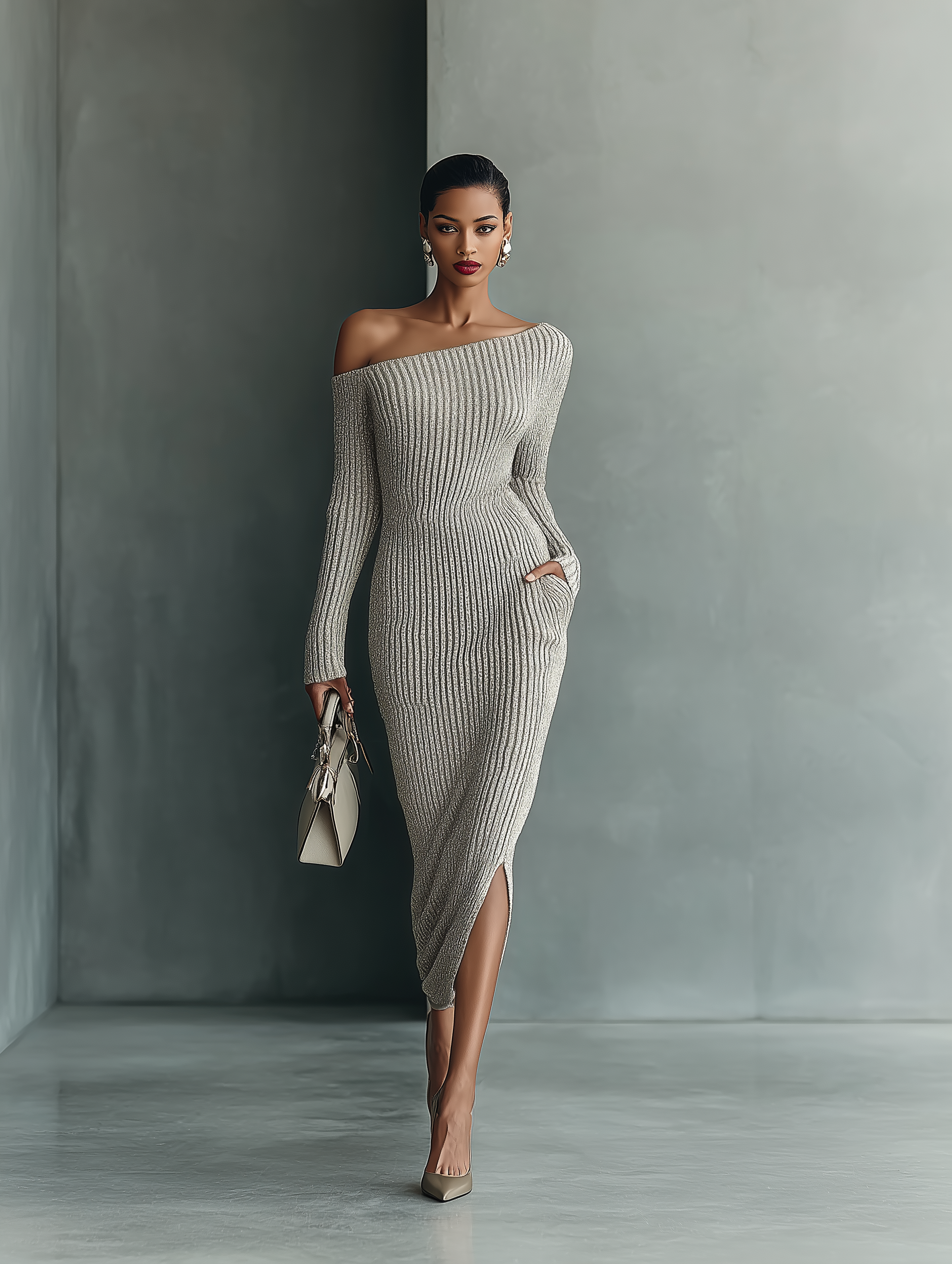 Women's Gray One-shoulder Knitted Dress MDA0233I9T
