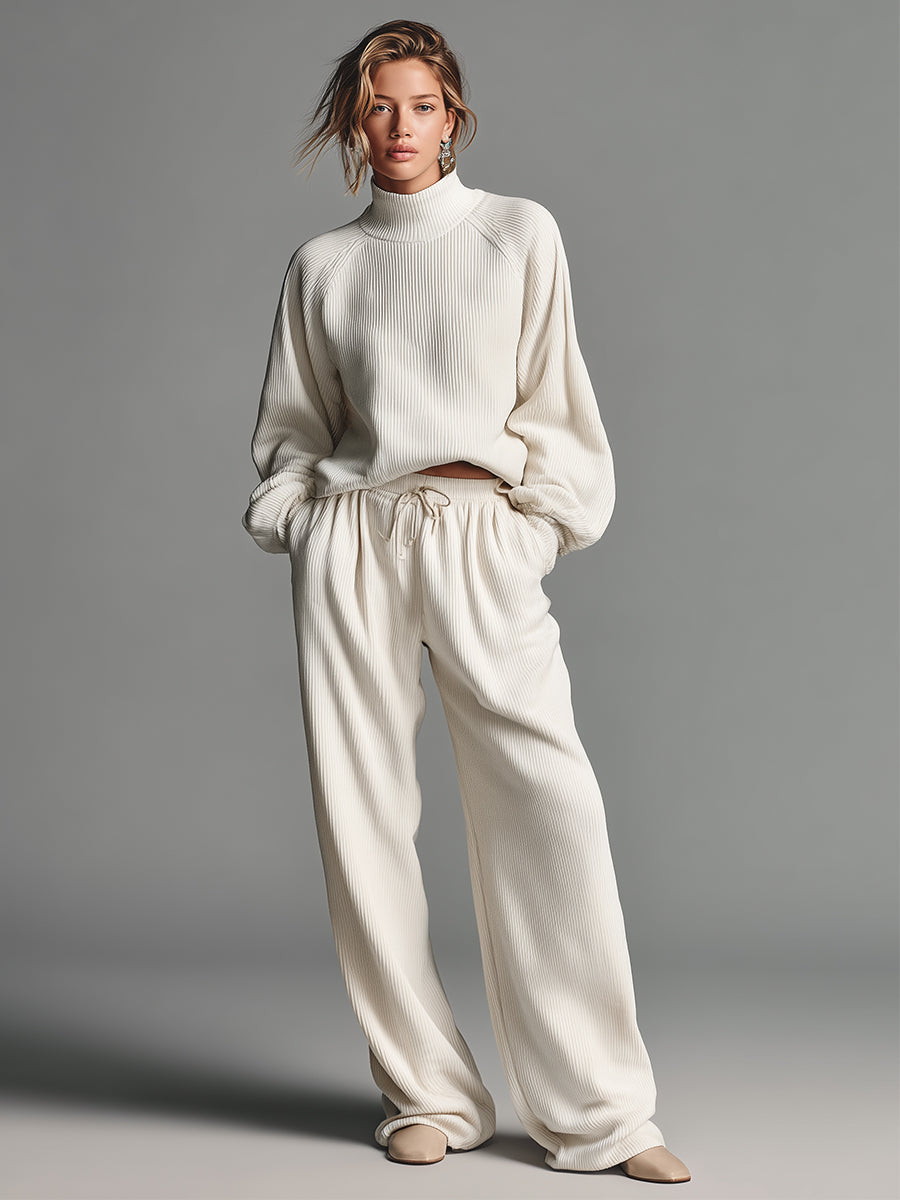 Women's Cream Knitted Matching Set With Mock Neck Sweater & Wide-Leg Trousers, Sophisticated Casual Style Set MDA2770J1I