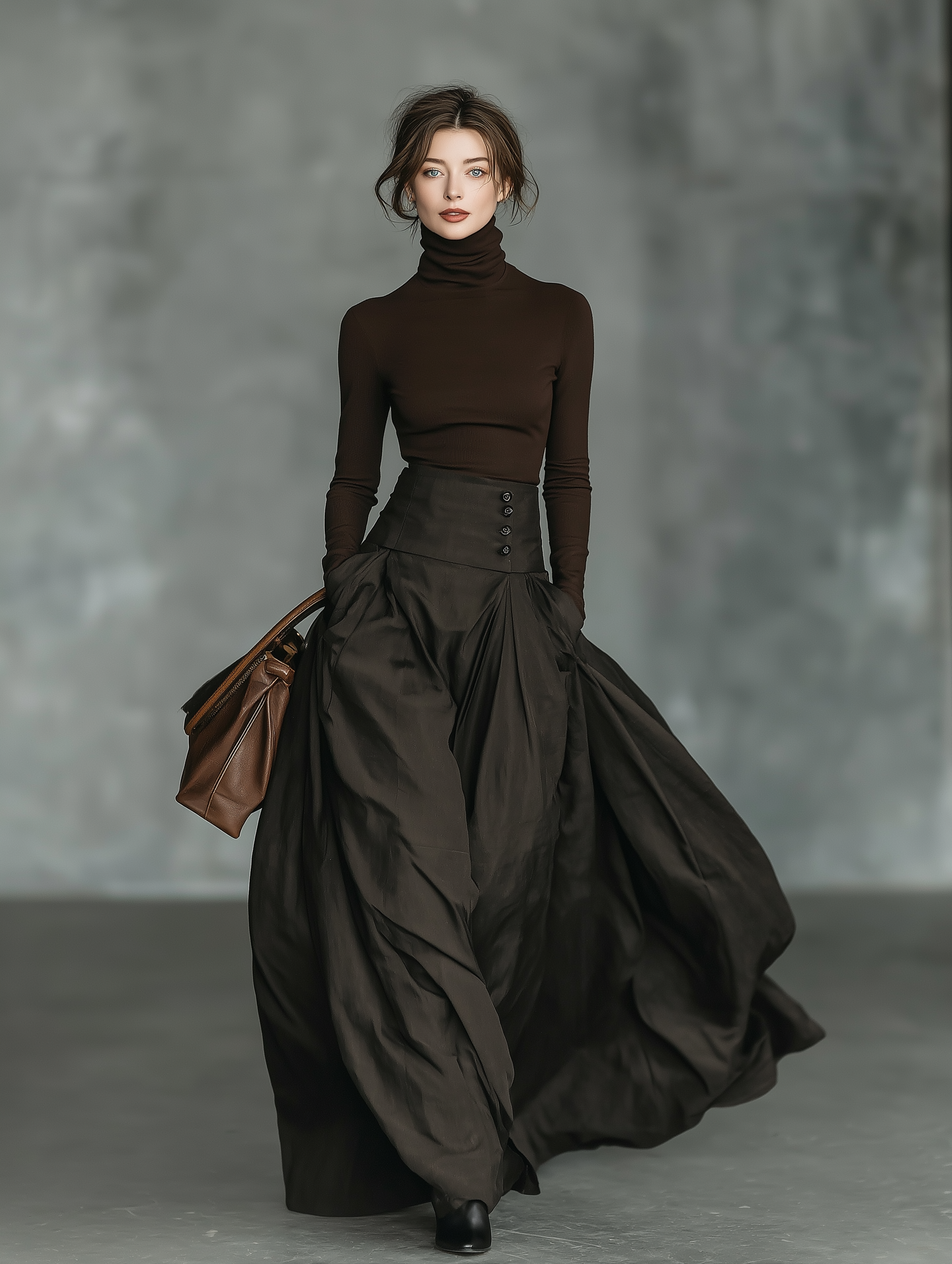 Women's Fashionable And Elegant Dark Brown Turtleneck Long-sleeved Slim-fit Knit Top Paired With A High-waisted Woven Midi Skirt MDA2864K9AN