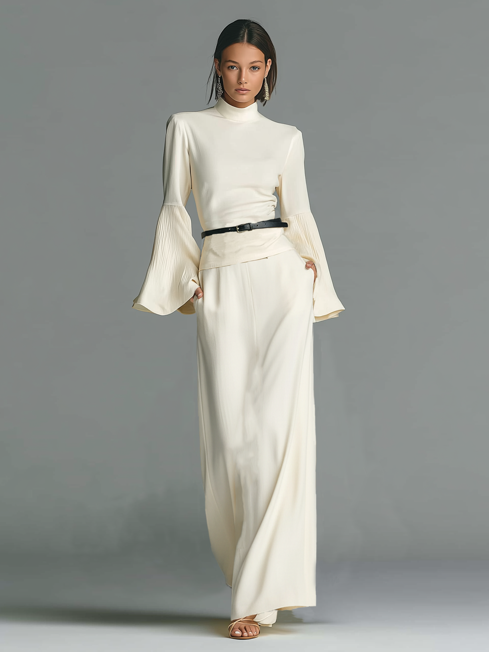 Women's Minimalist Flared-sleeve Blouse And Straight-skirt Set MDA0968L9Y