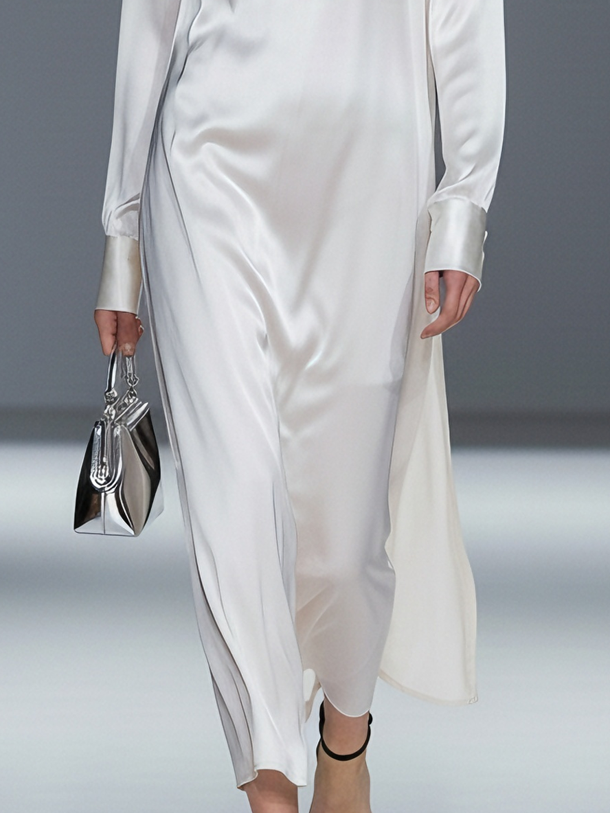 Women's Luxe Satin White Ruffled Mock-Neck Asymmetrical Hem Midi Dress MDA2018L9AU