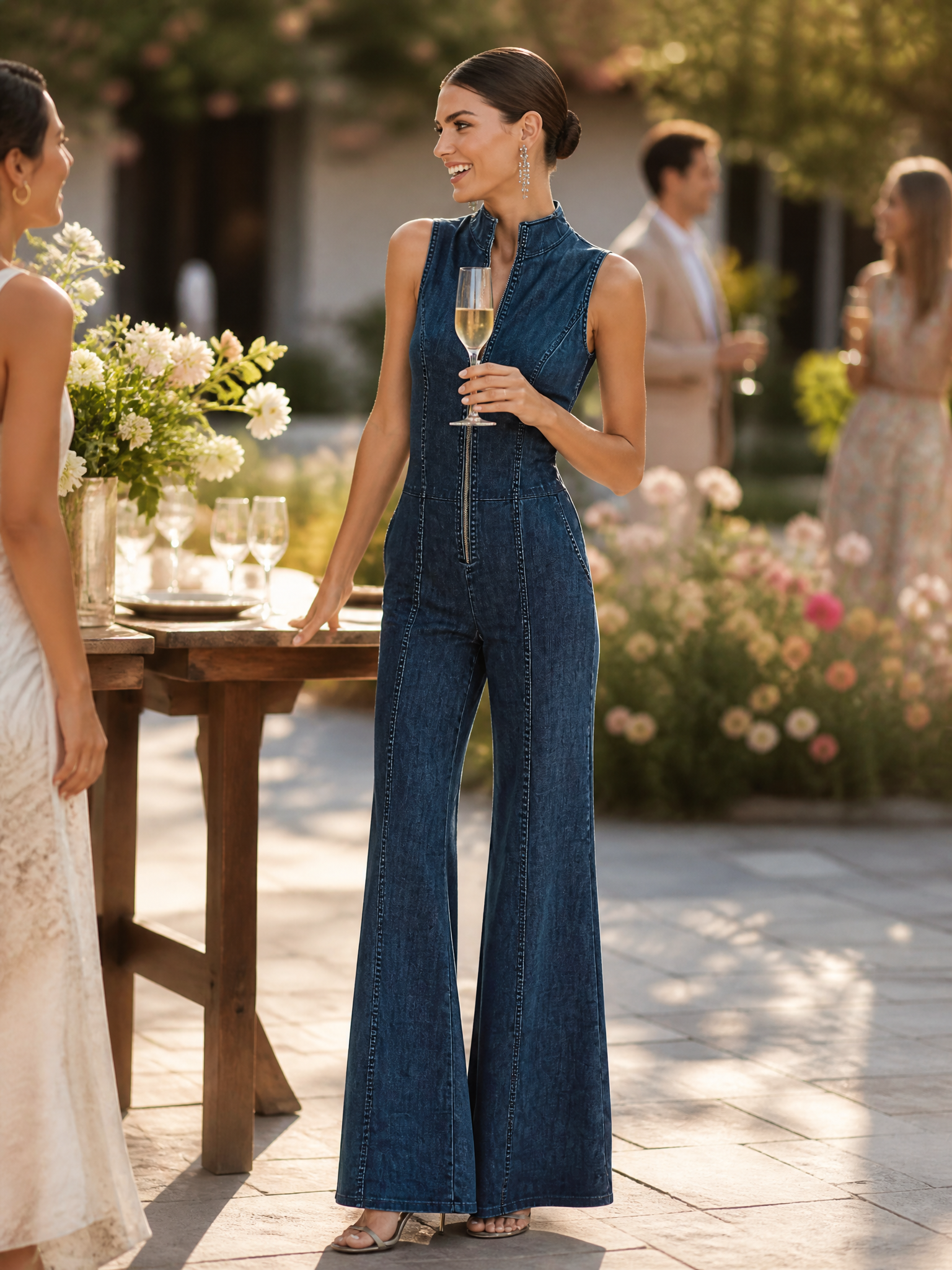 Women's Retro Style Dark Blue Denim Sleeveless High-Neck Flared Jumpsuit With Front Zipper MDZ1239B2BA