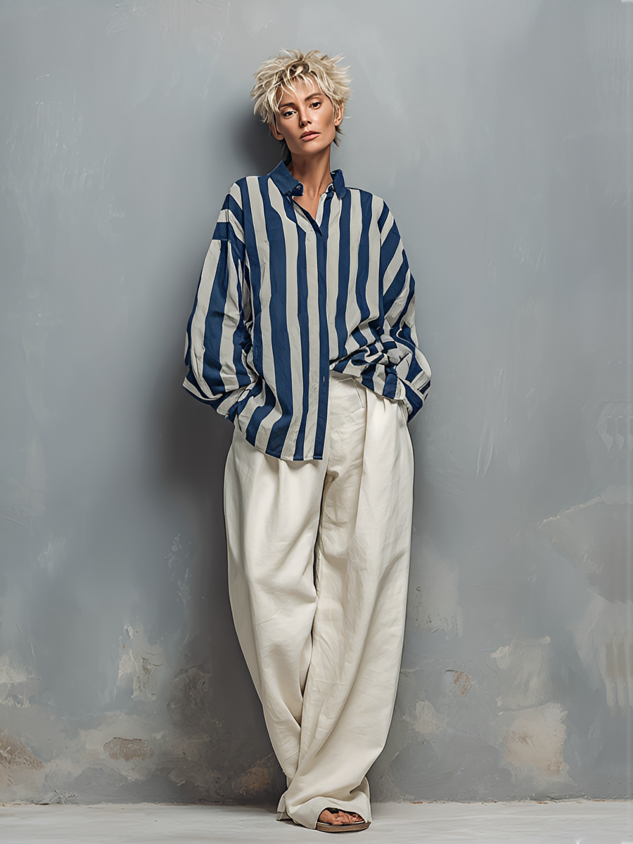 Women's Blue & White Striped Linen Set With Oversized Shirt & High-Waisted Trousers, Timeless Minimalist-Elegant Style Set MDZ2633B8I