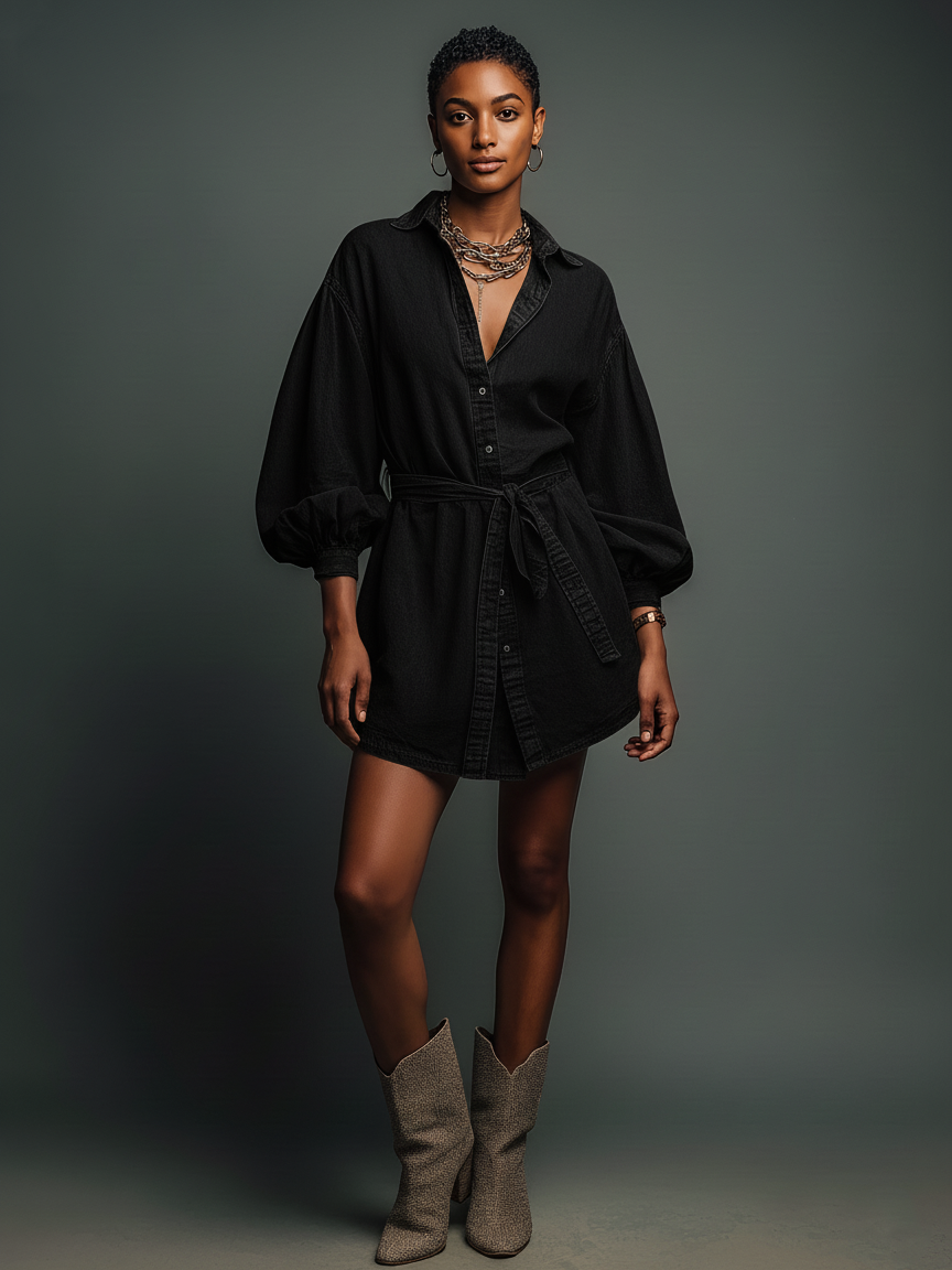 Women's Minimalist Loose-fitting Black Denim Shirt Mini Dress MDA2443K3Y