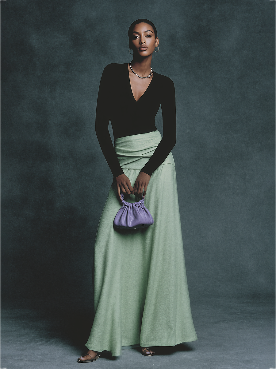 Women's Black & Green Contrast Woven Set With V-Neck Top & Maxi Skirt, Timeless Elegant-Chic Style Set MDA1735L0I