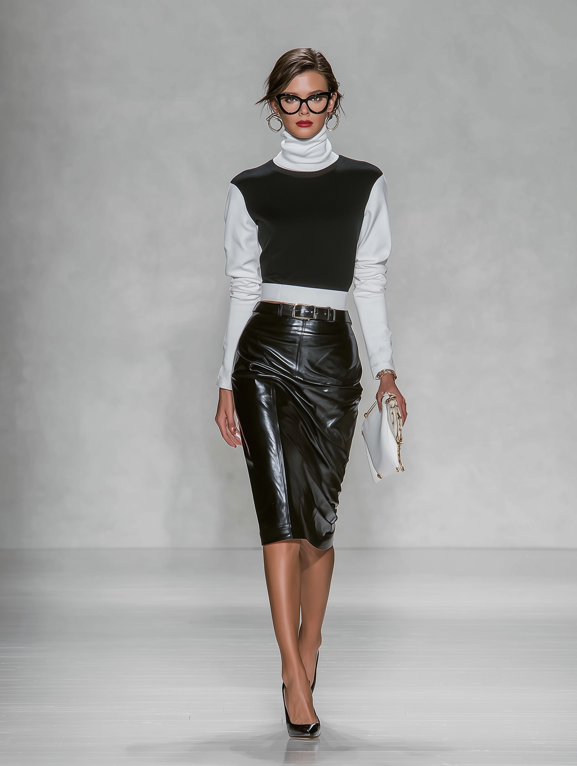 Women's Fashionable And Elegant High-neck Black And White Color-blocked Stretch Air-layer Long-sleeved Top Paired With A Reversible PU Leather Midi Skirt MDA0597L9AN