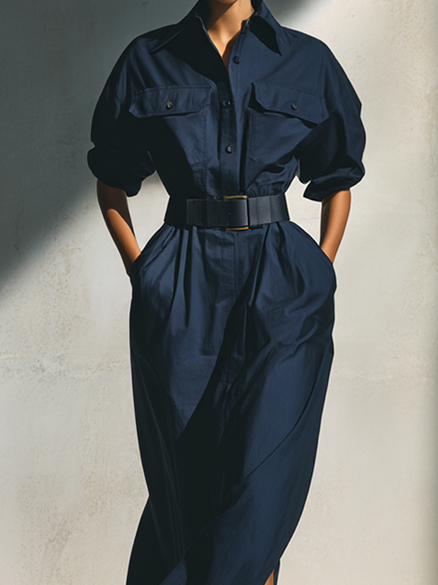 Women’s Navy Belted Utility-Style Maxi Shirt Dress MDA1915K9AP