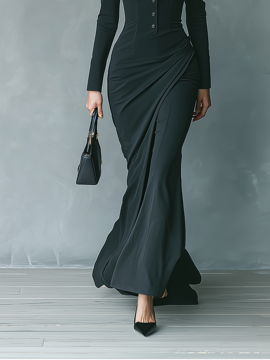 Women's Black Cotton Blend Professional Style Maxi Dress MDA1903I7T