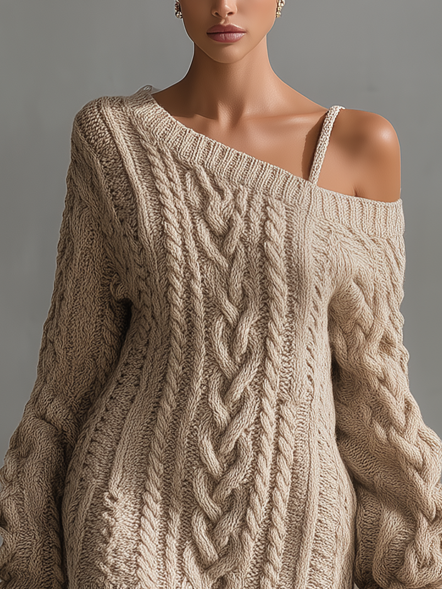 Women's Beige Cable Knit Off-the-Shoulder Fashion Mini Dress MDA1314J6T