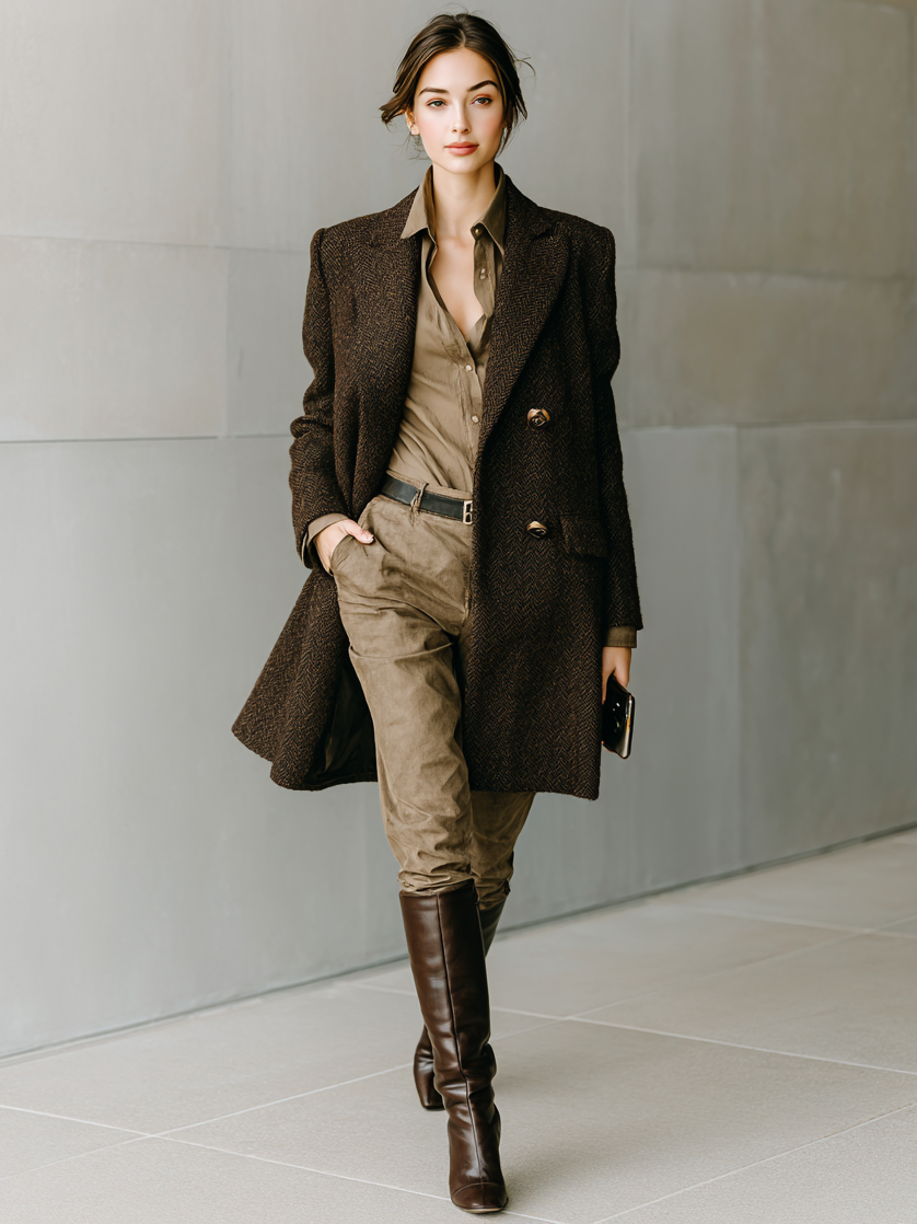 Women's Minimalist Herringbone Wool Blend Double-breasted Mid-length Coat MDA1887I7Y