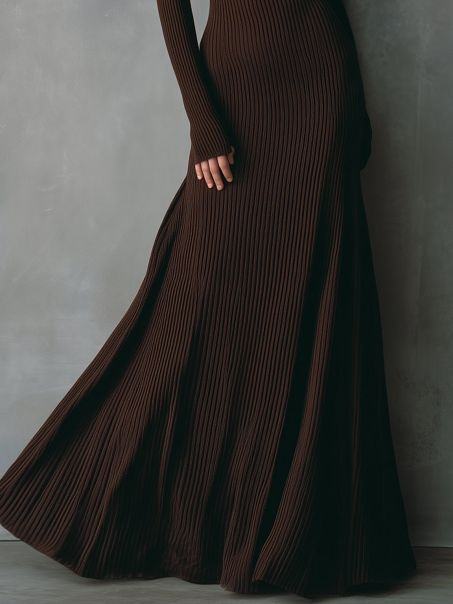 Women's Chocolate Brown Rib-Knit Glamorous Evening Gown With One-Shoulder Maxi Dress MDA2296J7I