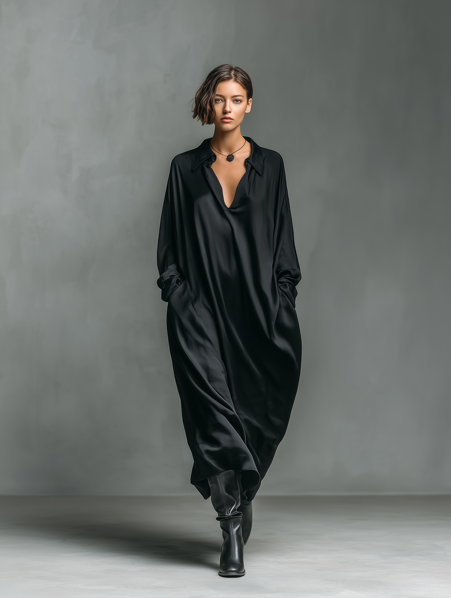 Women's Fashionable Casual Black Glossy Satin Long-sleeved Loose-fitting Long Dress With Pockets MDA2476K9AN