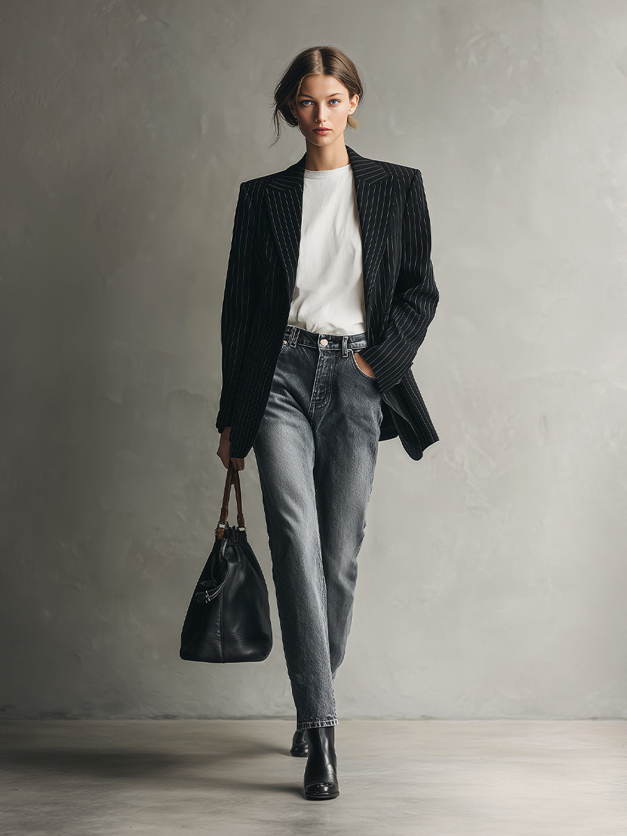 Women's Black Classic Cotton - Blend Pinstripe Power Blazer MDA2664H7I