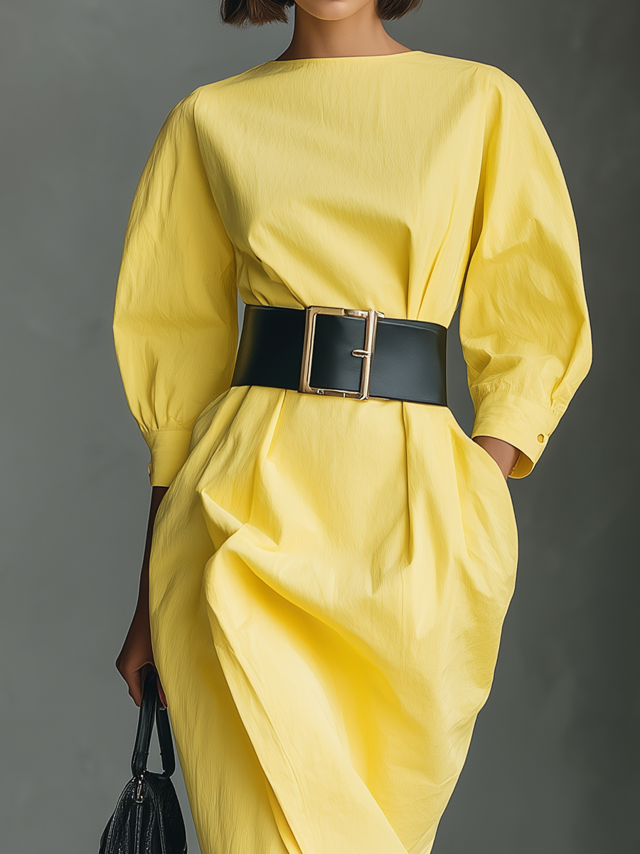 Women's Bright Yellow Cotton Blend Fashionable Midi Dress MDA1407H5T