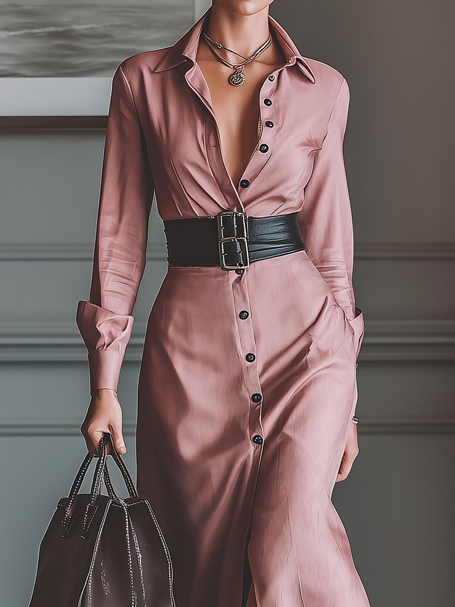 Women's Pink Satin Shirt Elegant Midi Dress MDA1442H4T