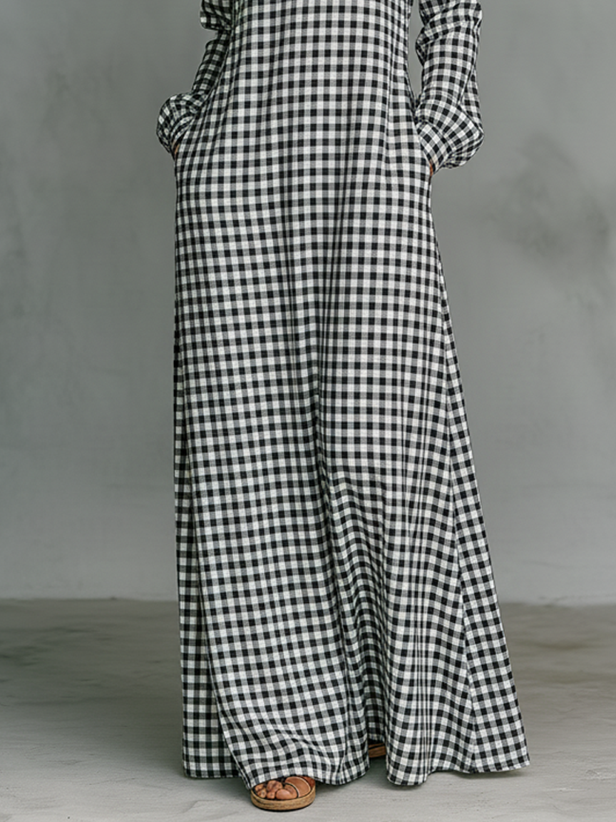 Women's Minimalist Cotton Plaid V-neck Long-sleeved Maxi Dress MDA2906K0Y