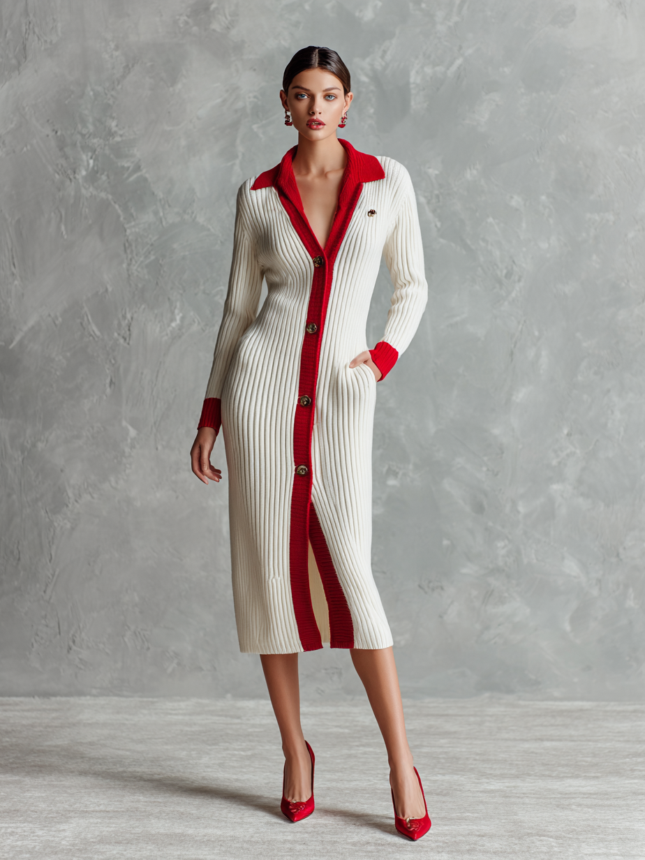 Women's Fashion Lapel Single-breasted Red Trim Slim Midi Dress MDA2521H6Y