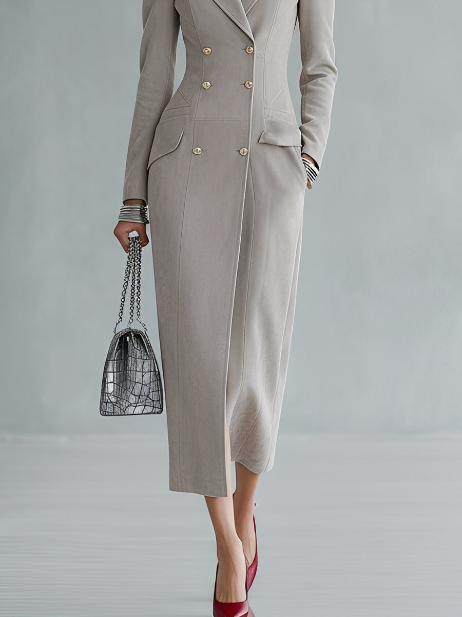 Women's Light Grey Elegant Suede - Like Double - Breasted Puff - Sleeve Maxi Coat MDA1819I8I
