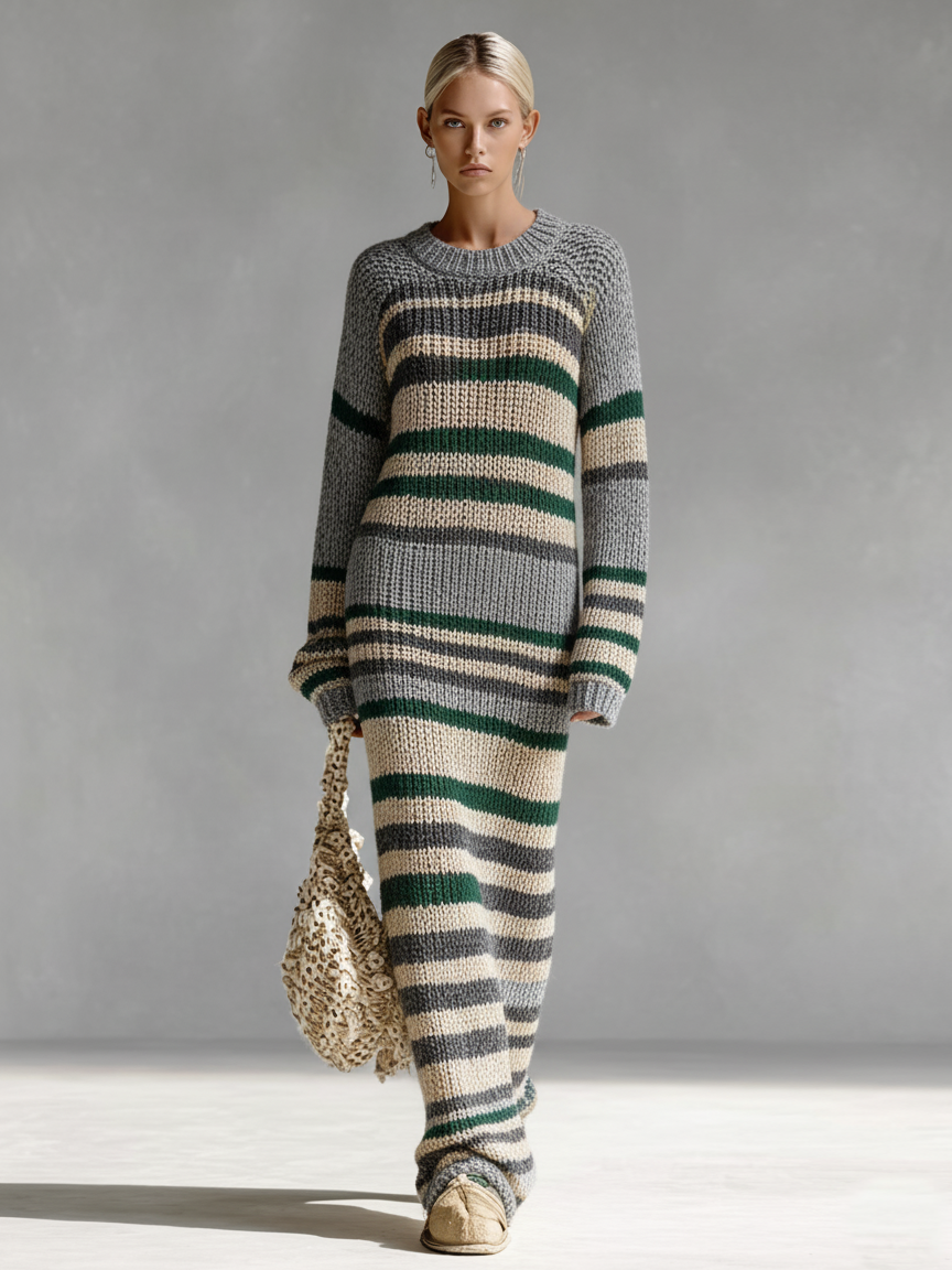 Women's Minimalist Striped Knitted Round Neck Maxi Dress MDA1668J5Y
