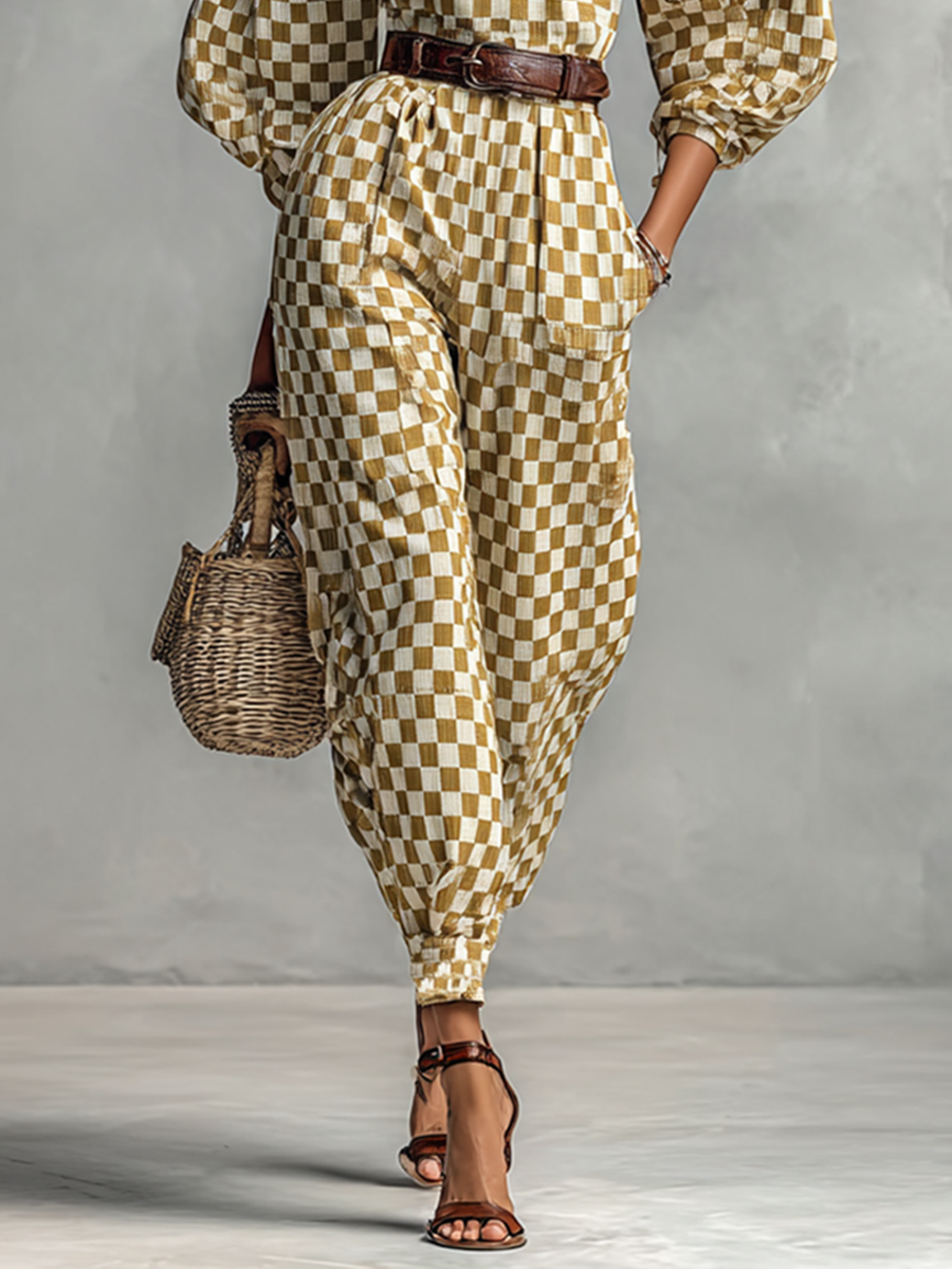 Women's Checkerboard Print Crew Neck Lantern Long Sleeve Cinch-waist Jumpsuit MDA1955G8Y