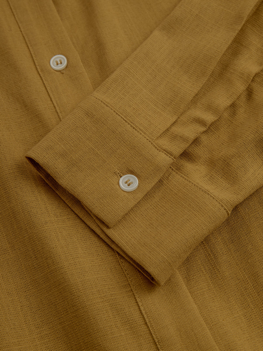 Women's Mustard Elegant Linen Blended Button - Front Belted Midi Shirt Dress MDA1800I6I