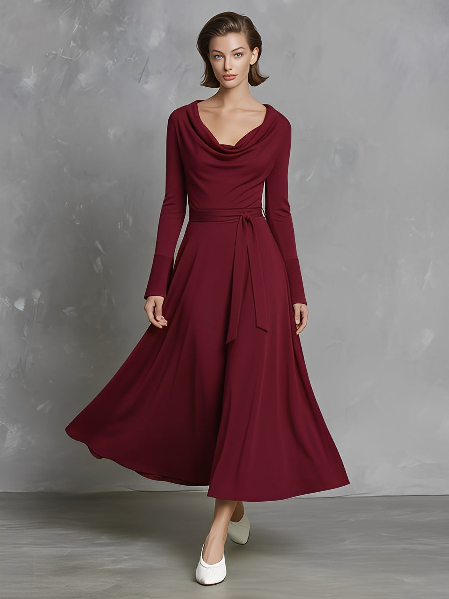 Women's Burgundy Stretchy Knit Dress With Cowl Neck & Belted Waist, Timeless Elegant Style Dress MDA0806L7I