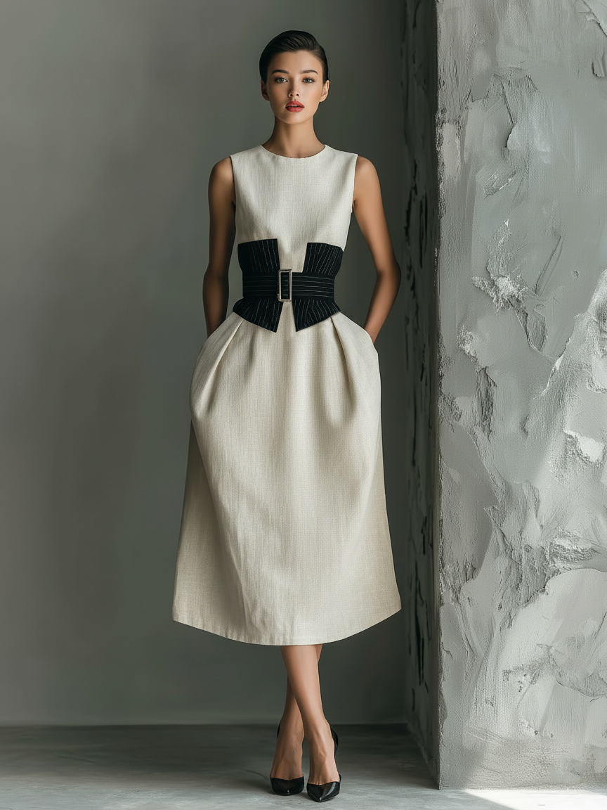 Women's Minimalist Patchwork Belted Sleeveless Midi Dress MDZ0504A0Y