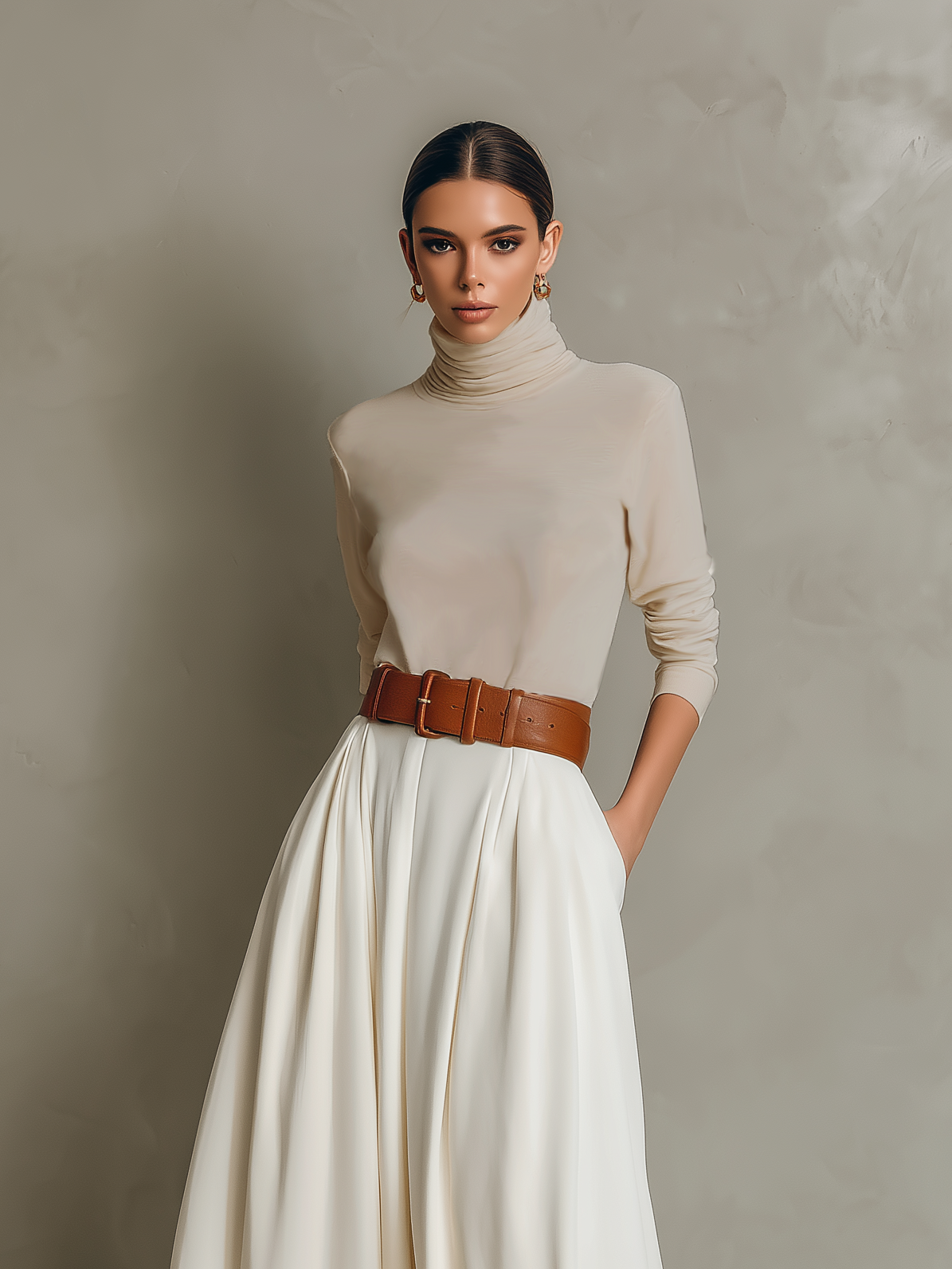 Women's Elegant Apricot Knitted Stretch Turtleneck Long-sleeved Top Paired With A White Skirt (belt Not Included) MDZ0864A0AN