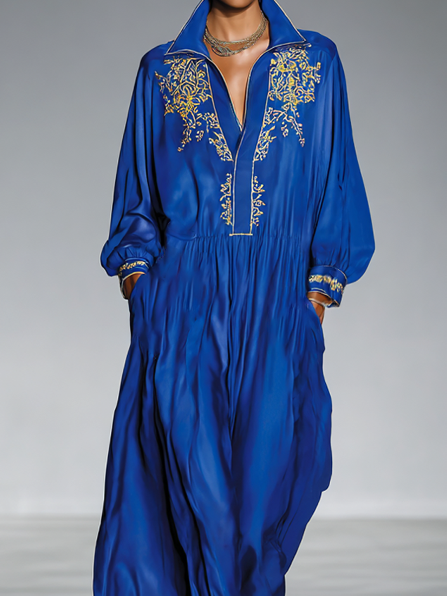 Women's Satin Loose Lapel V-Neck Embroidered Long-Sleeved Maxi Dress MDA2429K7AP