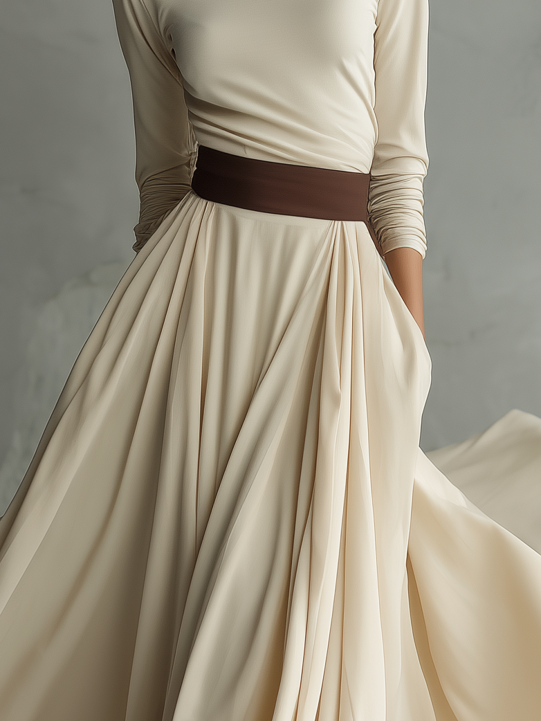 Women's Elegant Off-white Stretchy Knit Turtleneck Long-sleeved Maxi Dress MDA3100L9AN