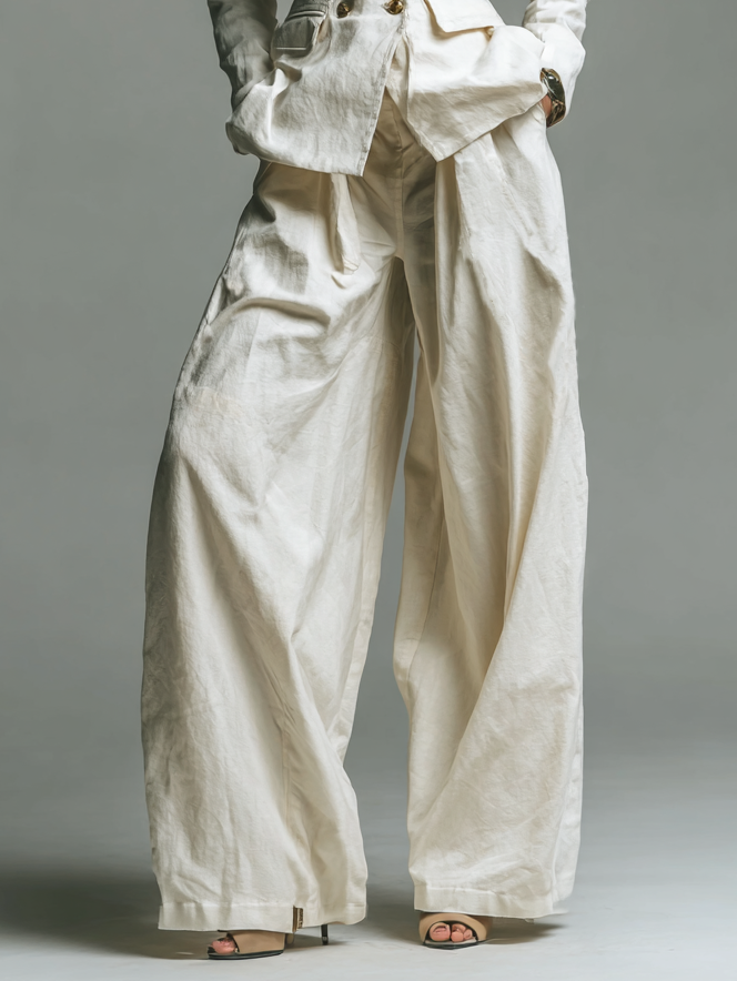 Women's Cotton And Linen Double-Breasted Blazer And Wide-Leg Pants Set MDA1869H6Y