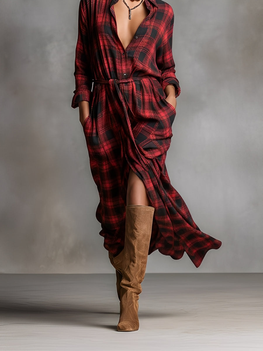 Women's Red And Black Chic Cotton - Blend Plaid Belted Slit Midi Shirt Dress MDA1997I6I