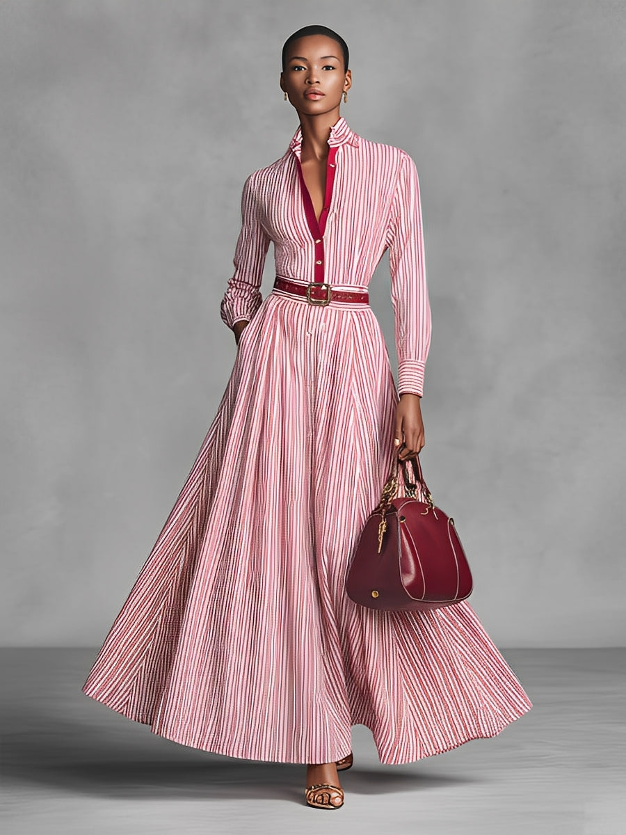 Women's Pink & Red Striped Cotton Elegant Belted Shirt Maxi Dress MDA0577K5I