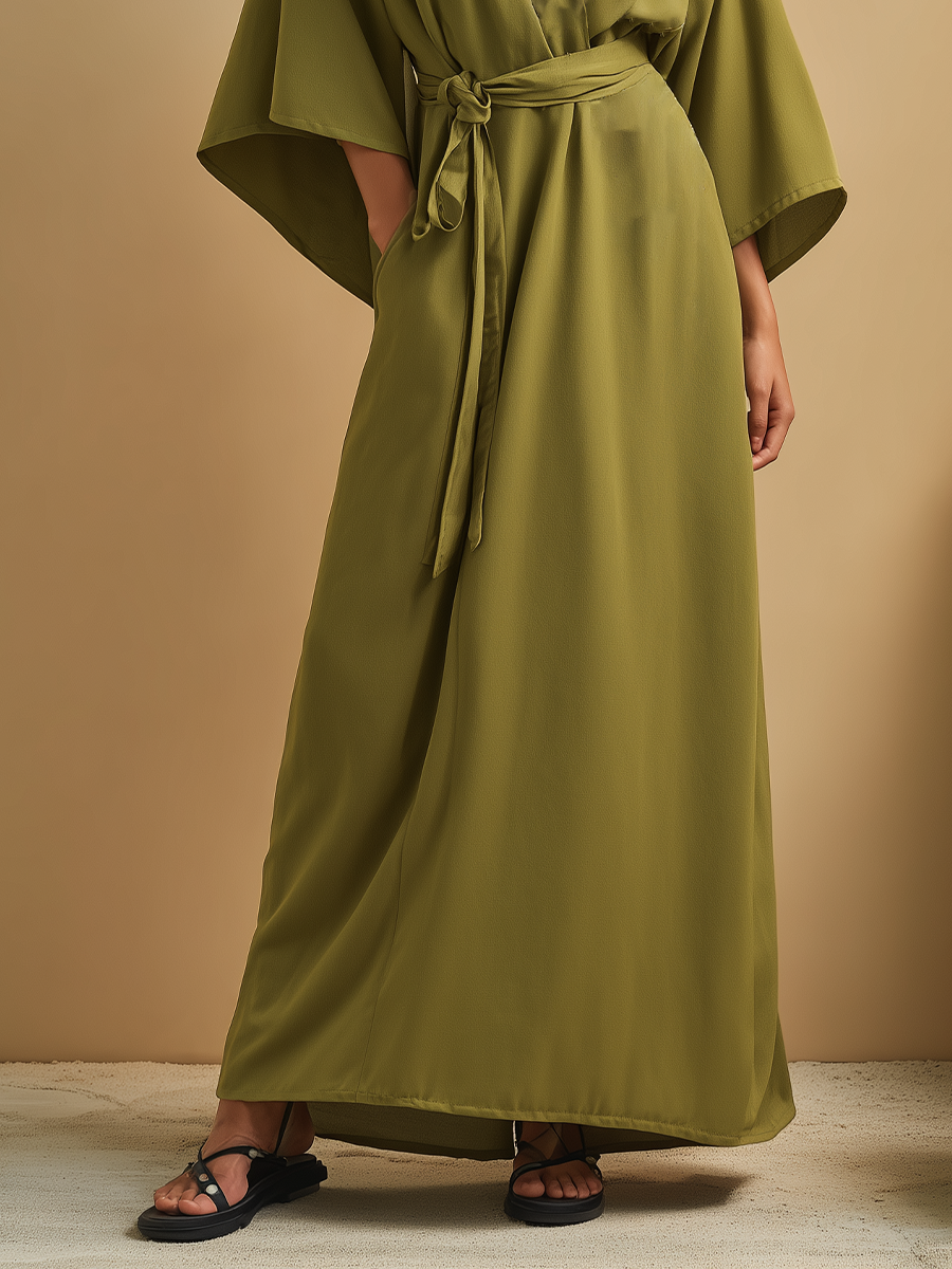 Women's Olive Green Chiffon Embroidered Tie-waist Long Dress MDA0512L5T