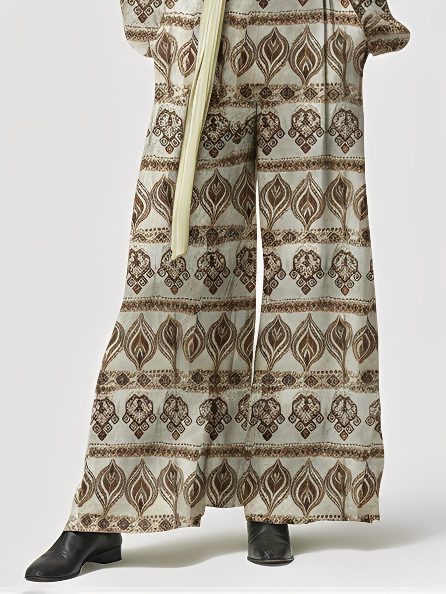 Women's Beige & Brown Patterned Silky Jumpsuit With Wide-Leg & Contrast Tie-Belt, Timeless Boho-Chic Style Jumpsuit MDA1511L6I
