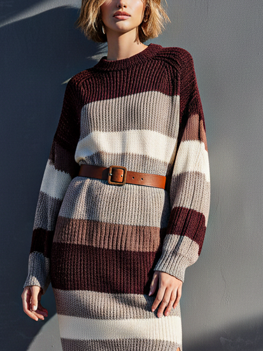 Women's Tricolor Striped Slit Waist-cinching Knit Midi Dress MDA3003J1T