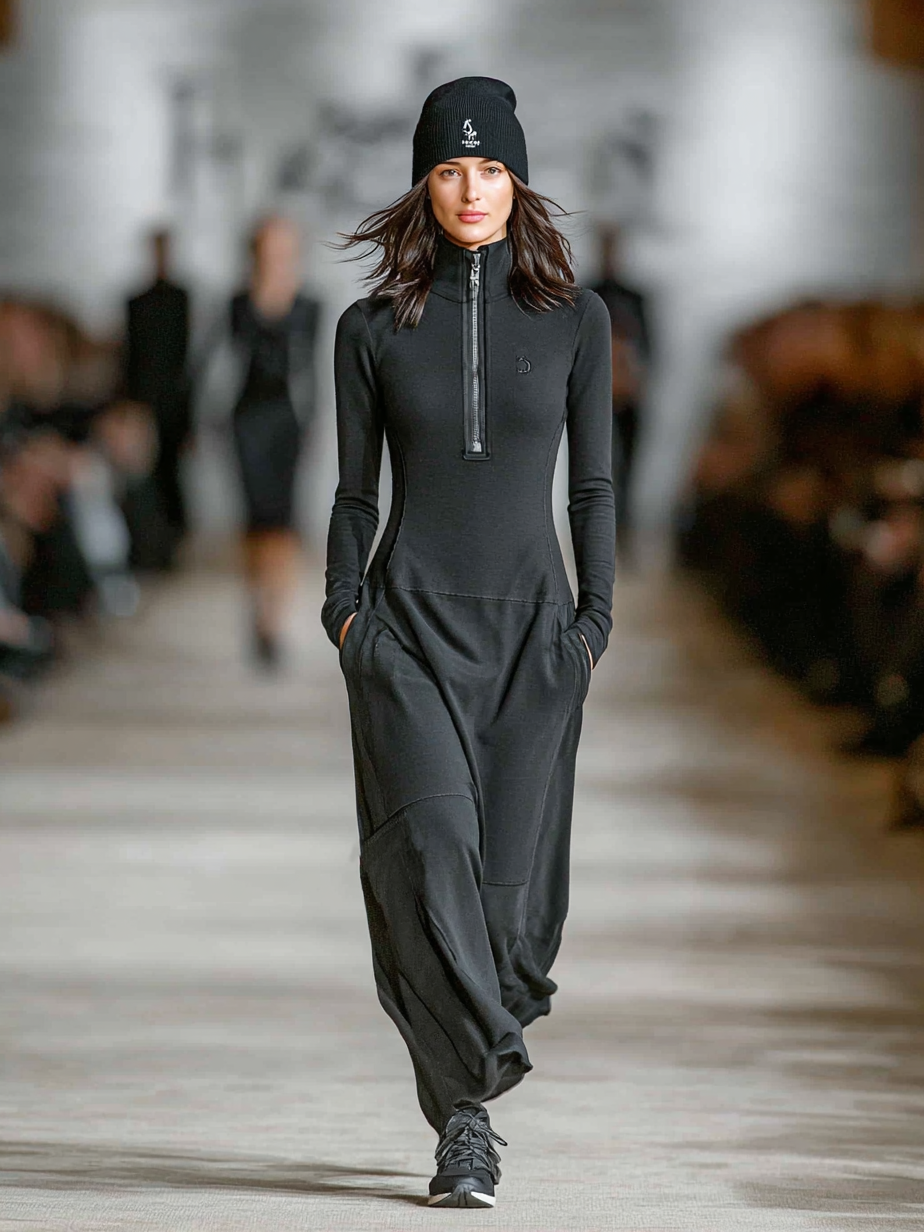 Women's Sports Cotton Blend Half-high Collar Zipper Loose Maxi Dress MDA3197G9Y